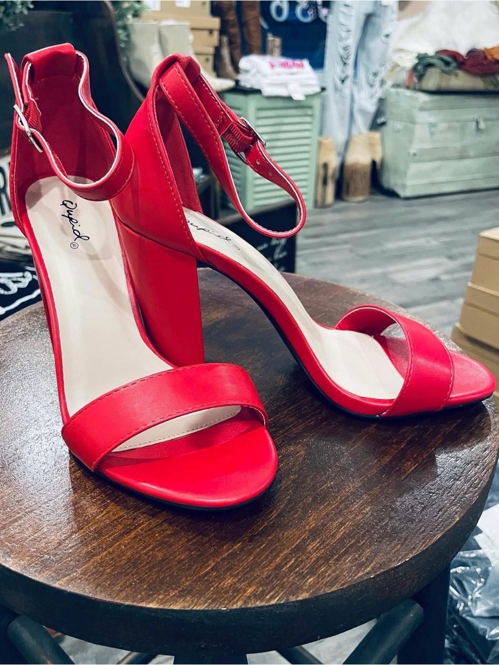 Qupid Red Ankle-Strap Block Heel Sandals